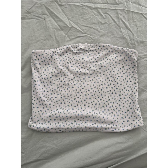 Just Polly Floral Ribbed Bandeau Tube Top Strapless White Blue XL - Picture 2 of 5